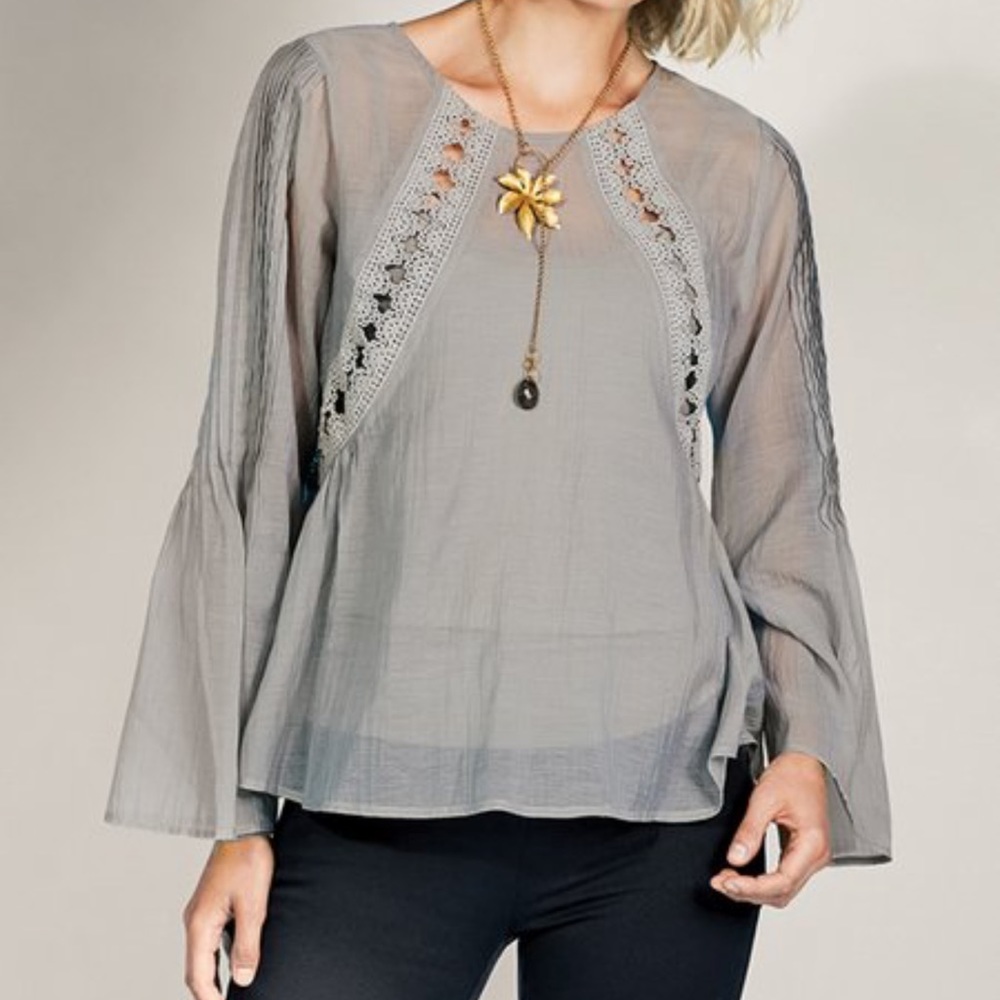 Soft Surroundings taupe colored shirt with bell sleeves and lace detailing